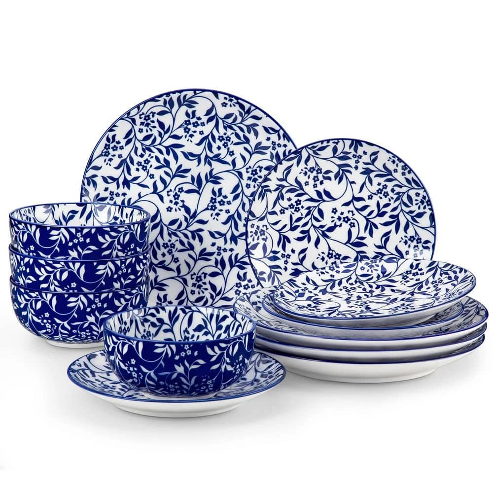 12-Piece Blue Porcelain Dinnerware Set Service For 4 Vine Flower Pattern Bowls And Plates Set For Kitchen Dinning 3 12-Piece Blue Porcelain Dinnerware Set Service For 4 Vine Flower Pattern Bowls And Plates Set For Kitchen Dinning
