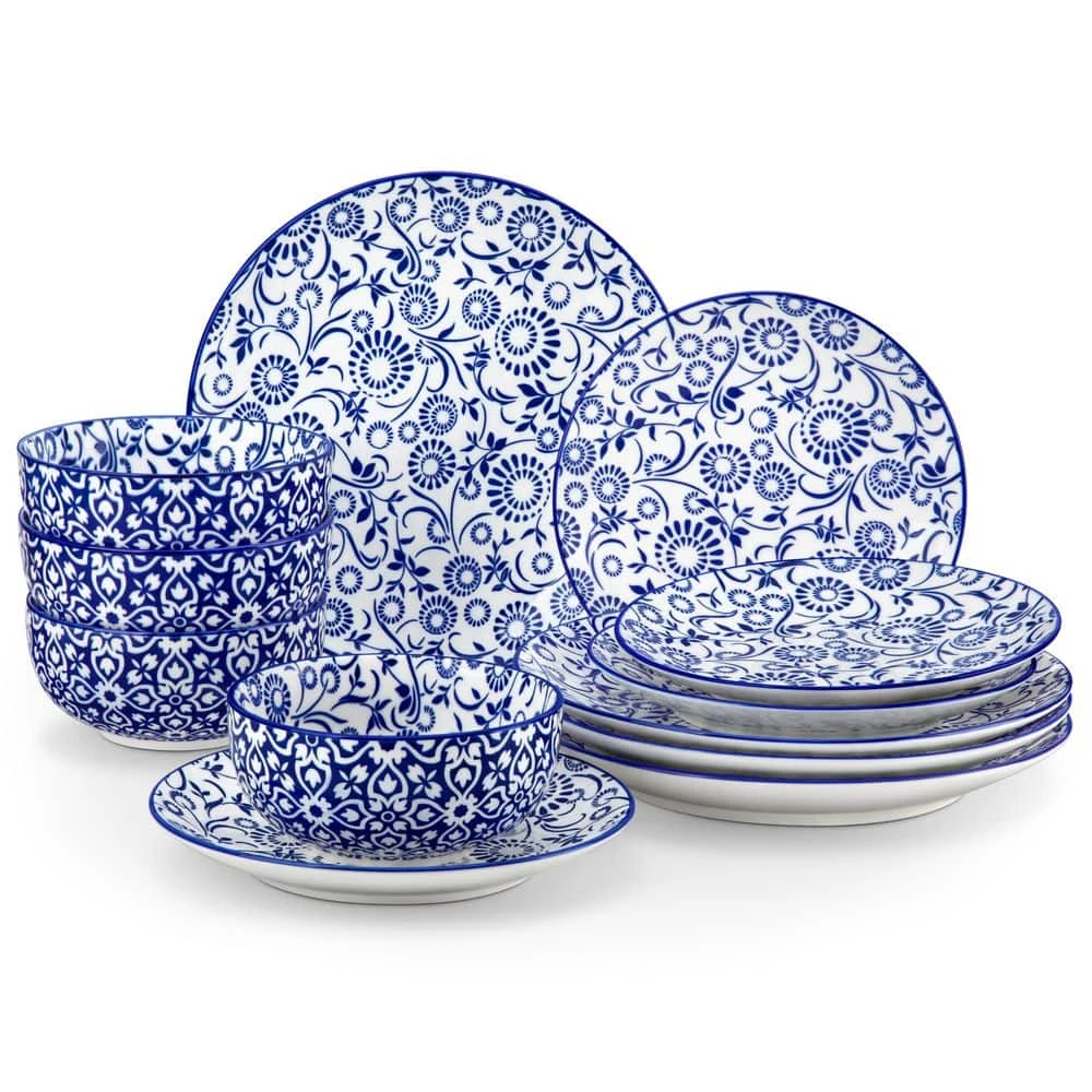 12-Piece Blue Porcelain Dinnerware Set Service For 4 Sunflower Pattern Bowls And Plates Set Dishware For Kitchen Dinning 3 12-Piece Blue Porcelain Dinnerware Set Service For 4 Sunflower Pattern Bowls And Plates Set Dishware For Kitchen Dinning