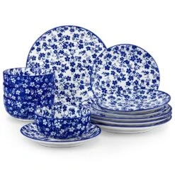 12-Piece Blue Porcelain Dinnerware Set Service For 4 Gypsophila Pattern Bowls And Plates Set For Kitchen Dinning
