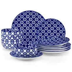 12-Piece Blue Porcelain Dinnerware Set Service For 4 Chrysanthemum Pattern Bowls And Plates Set For Kitchen Dinning