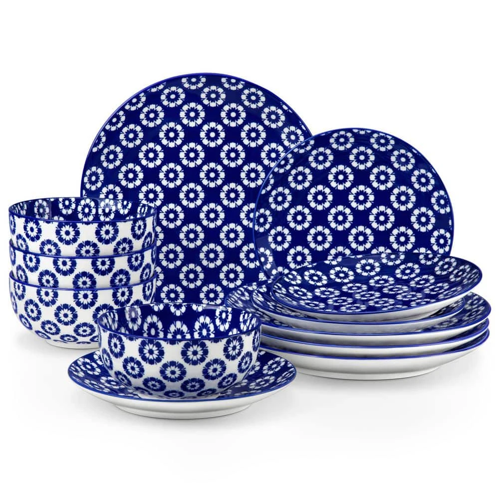 12-Piece Blue Porcelain Dinnerware Set Service For 4 Chrysanthemum Pattern Bowls And Plates Set For Kitchen Dinning 3 12-Piece Blue Porcelain Dinnerware Set Service For 4 Chrysanthemum Pattern Bowls And Plates Set For Kitchen Dinning
