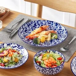 12-Piece Blue Porcelain Dinnerware Set Service For 4-Bowls And Plates Set With Dinner Plates Dessert Plates Cereal Bowls -Vancasso Shop blue vancasso dinnerware sets vc selene 12 31 1000