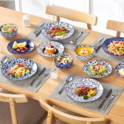 12-Piece Blue Porcelain Dinnerware Set Service For 4-Bowls And Plates Set With Dinner Plates Dessert Plates Cereal Bowls -Vancasso Shop blue vancasso dinnerware sets vc selene 12 44 1000