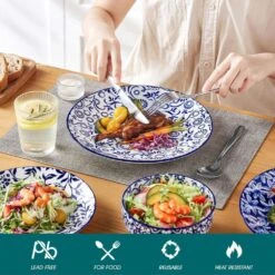 12-Piece Blue Porcelain Dinnerware Set Service For 4-Bowls And Plates Set With Dinner Plates Dessert Plates Cereal Bowls -Vancasso Shop blue vancasso dinnerware sets vc selene 12 4f 1000