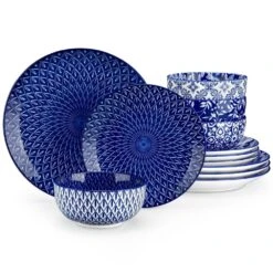 12-Piece Blue Porcelain Dinnerware Set Service For 4-Bowls And Plates Set With Dinner Plates Dessert Plates Cereal Bowls