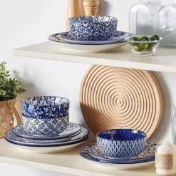 12-Piece Blue Porcelain Dinnerware Set Service For 4-Bowls And Plates Set With Dinner Plates Dessert Plates Cereal Bowls -Vancasso Shop blue vancasso dinnerware sets vc selene 12 76 1000