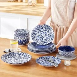 12-Piece Blue Porcelain Dinnerware Set Service For 4-Bowls And Plates Set With Dinner Plates Dessert Plates Cereal Bowls -Vancasso Shop blue vancasso dinnerware sets vc selene 12 fa 1000