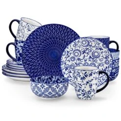 16-Piece Blue Porcelain Dinnerware Set Service For 4 Dinner Set With Dinner Plates Dessert Plates Cereal Bowls And Mugs