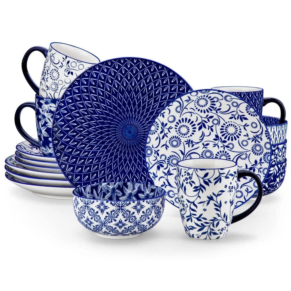 16-Piece Blue Porcelain Dinnerware Set Service For 4 Dinner Set With Dinner Plates Dessert Plates Cereal Bowls And Mugs 3 16-Piece Blue Porcelain Dinnerware Set Service For 4 Dinner Set With Dinner Plates Dessert Plates Cereal Bowls And Mugs