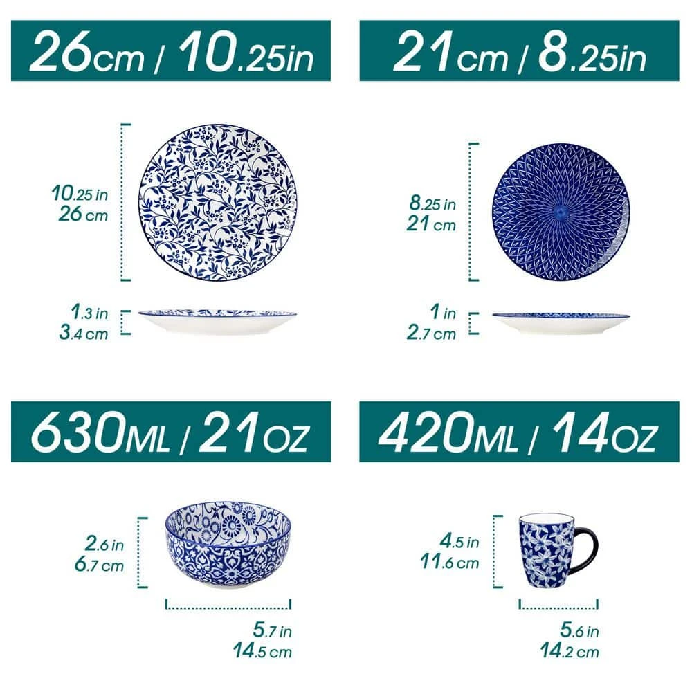 16-Piece Blue Porcelain Dinnerware Set Service For 4 Dinner Set With Dinner Plates Dessert Plates Cereal Bowls And Mugs 10 16-Piece Blue Porcelain Dinnerware Set Service For 4 Dinner Set With Dinner Plates Dessert Plates Cereal Bowls And Mugs - Image 8