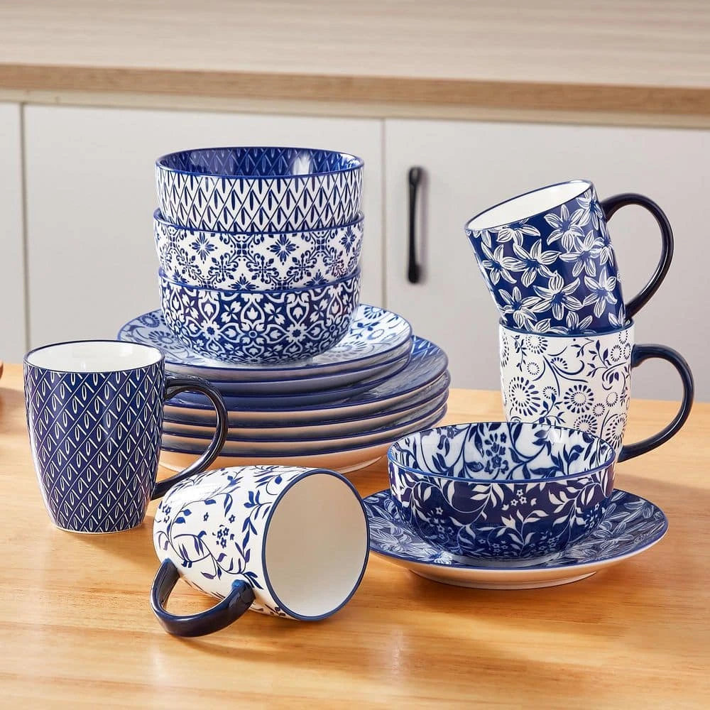 16-Piece Blue Porcelain Dinnerware Set Service For 4 Dinner Set With Dinner Plates Dessert Plates Cereal Bowls And Mugs 18 16-Piece Blue Porcelain Dinnerware Set Service For 4 Dinner Set With Dinner Plates Dessert Plates Cereal Bowls And Mugs - Image 16