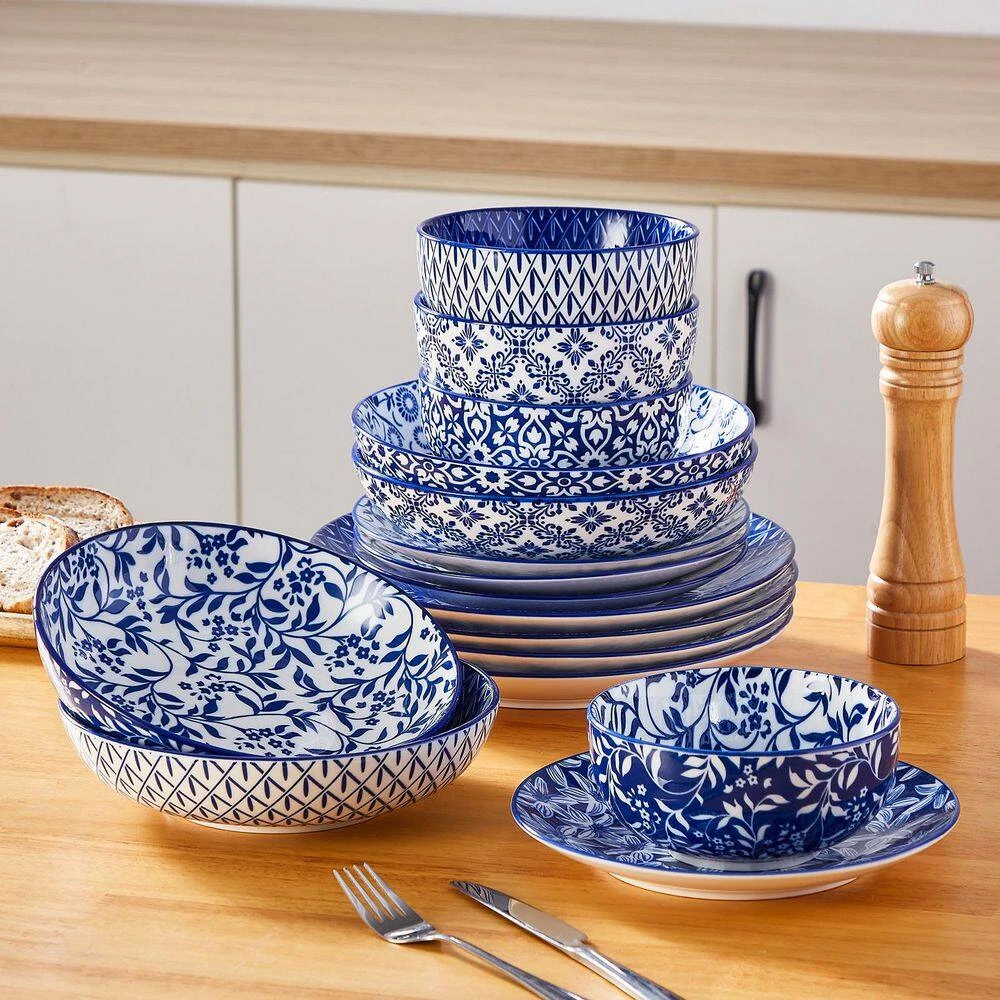 16-Piece Blue Porcelain Dinnerware Set Service For 4 Tableware With Dinner Plates Salad Plates Pasta Bowls Cereal Bowls 4 16-Piece Blue Porcelain Dinnerware Set Service For 4 Tableware With Dinner Plates Salad Plates Pasta Bowls Cereal Bowls - Image 2