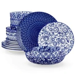 16-Piece Blue Porcelain Dinnerware Set Service For 4 Tableware With Dinner Plates Salad Plates Pasta Bowls Cereal Bowls