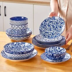 16-Piece Blue Porcelain Dinnerware Set Service For 4 Tableware With Dinner Plates Salad Plates Pasta Bowls Cereal Bowls 14 16-Piece Blue Porcelain Dinnerware Set Service For 4 Tableware With Dinner Plates Salad Plates Pasta Bowls Cereal Bowls -Vancasso Shop blue vancasso dinnerware sets vc selene sl 66 1000