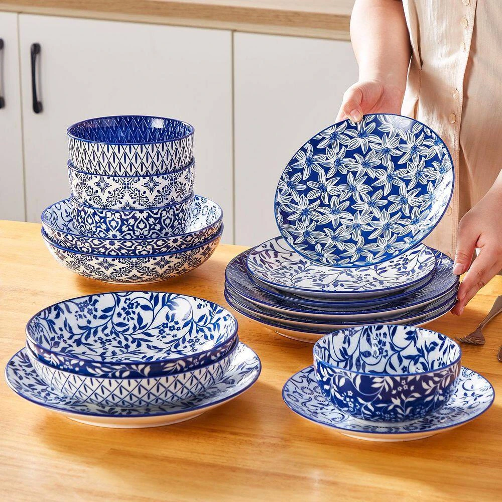 16-Piece Blue Porcelain Dinnerware Set Service For 4 Tableware With Dinner Plates Salad Plates Pasta Bowls Cereal Bowls 5 16-Piece Blue Porcelain Dinnerware Set Service For 4 Tableware With Dinner Plates Salad Plates Pasta Bowls Cereal Bowls - Image 3
