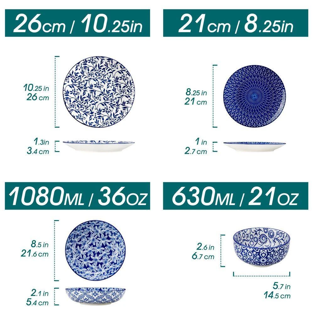 16-Piece Blue Porcelain Dinnerware Set Service For 4 Tableware With Dinner Plates Salad Plates Pasta Bowls Cereal Bowls 6 16-Piece Blue Porcelain Dinnerware Set Service For 4 Tableware With Dinner Plates Salad Plates Pasta Bowls Cereal Bowls - Image 4