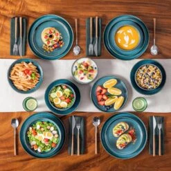 16-Piece Blue Stoneware Dinnerware Set (Service For 4) Reactive Glaze Tableware Bowls And Plates Dinner Set 26 16-Piece Blue Stoneware Dinnerware Set (Service For 4) Reactive Glaze Tableware Bowls And Plates Dinner Set -Vancasso Shop blue vancasso dinnerware sets vc vega b 16 1f 1000