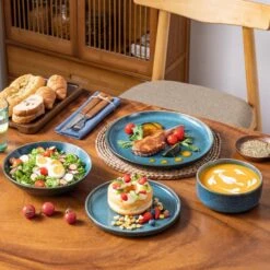 16-Piece Blue Stoneware Dinnerware Set (Service For 4) Reactive Glaze Tableware Bowls And Plates Dinner Set 31 16-Piece Blue Stoneware Dinnerware Set (Service For 4) Reactive Glaze Tableware Bowls And Plates Dinner Set -Vancasso Shop blue vancasso dinnerware sets vc vega b 16 31 1000