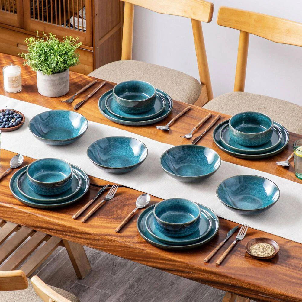16-Piece Blue Stoneware Dinnerware Set (Service For 4) Reactive Glaze Tableware Bowls And Plates Dinner Set 11 16-Piece Blue Stoneware Dinnerware Set (Service For 4) Reactive Glaze Tableware Bowls And Plates Dinner Set - Image 9