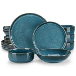 16-Piece Blue Stoneware Dinnerware Set (Service For 4) Reactive Glaze Tableware Bowls And Plates Dinner Set