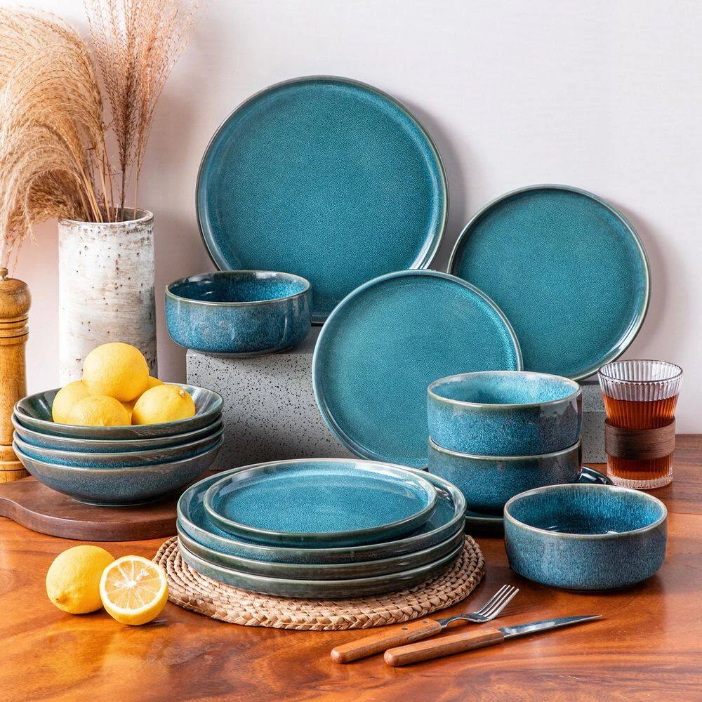 16-Piece Blue Stoneware Dinnerware Set (Service For 4) Reactive Glaze Tableware Bowls And Plates Dinner Set 4 16-Piece Blue Stoneware Dinnerware Set (Service For 4) Reactive Glaze Tableware Bowls And Plates Dinner Set - Image 2