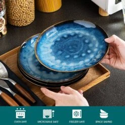 Blue Stoneware Dessert Plate (Set Of 4) Salad Plate Set Small Dinner Plate Set Kitchen Serving Plates -Vancasso Shop blue vancasso salad plates dessert plates vc starry b sxp 1f 1000