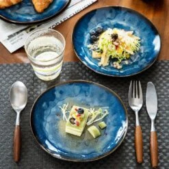 Blue Stoneware Dessert Plate (Set Of 4) Salad Plate Set Small Dinner Plate Set Kitchen Serving Plates -Vancasso Shop blue vancasso salad plates dessert plates vc starry b sxp 44 1000