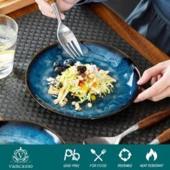 Blue Stoneware Dessert Plate (Set Of 4) Salad Plate Set Small Dinner Plate Set Kitchen Serving Plates -Vancasso Shop blue vancasso salad plates dessert plates vc starry b sxp 4f 1000