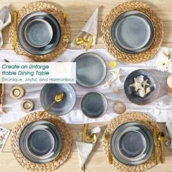 16-Piece Bluish Grey Stoneware Dinnerware Set Service For 4-Dishware Dishes Set With Plates And Bowls For Kitchen Dining 13 16-Piece Bluish Grey Stoneware Dinnerware Set Service For 4-Dishware Dishes Set With Plates And Bowls For Kitchen Dining -Vancasso Shop bluish grey vancasso dinnerware sets vc playa smgb 16 1f 1000