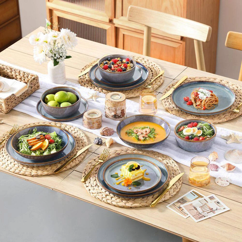 16-Piece Bluish Grey Stoneware Dinnerware Set Service For 4-Dishware Dishes Set With Plates And Bowls For Kitchen Dining 5 16-Piece Bluish Grey Stoneware Dinnerware Set Service For 4-Dishware Dishes Set With Plates And Bowls For Kitchen Dining - Image 3