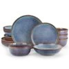 16-Piece Bluish Grey Stoneware Dinnerware Set Service For 4-Dishware Dishes Set With Plates And Bowls For Kitchen Dining