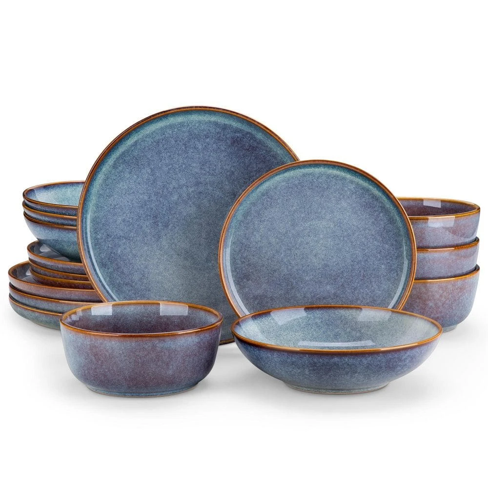 16-Piece Bluish Grey Stoneware Dinnerware Set Service For 4-Dishware Dishes Set With Plates And Bowls For Kitchen Dining 3 16-Piece Bluish Grey Stoneware Dinnerware Set Service For 4-Dishware Dishes Set With Plates And Bowls For Kitchen Dining