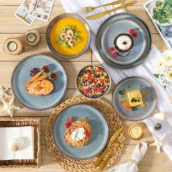 24-Piece Bluish Grey Stoneware Dinnerware Set Service For 6 Dishware Dishes Set Tableware With Plates And Bowls -Vancasso Shop bluish grey vancasso dinnerware sets vc playa smgb 24 eu 31 1000