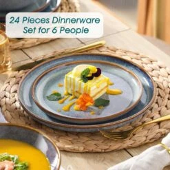 24-Piece Bluish Grey Stoneware Dinnerware Set Service For 6 Dishware Dishes Set Tableware With Plates And Bowls -Vancasso Shop bluish grey vancasso dinnerware sets vc playa smgb 24 eu 76 1000