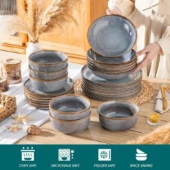 24-Piece Bluish Grey Stoneware Dinnerware Set Service For 6 Dishware Dishes Set Tableware With Plates And Bowls -Vancasso Shop bluish grey vancasso dinnerware sets vc playa smgb 24 eu fa 1000