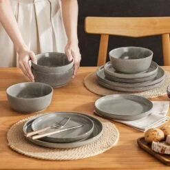 12-Piece Brown Stoneware Dinnerware Set Service For 4-Bowls And Plates Set Dinner Plates Dessert Plates And Cereal Bowls -Vancasso Shop brown vancasso dinnerware sets vc anya bn 12 31 1000