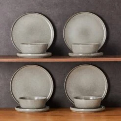 12-Piece Brown Stoneware Dinnerware Set Service For 4-Bowls And Plates Set Dinner Plates Dessert Plates And Cereal Bowls -Vancasso Shop brown vancasso dinnerware sets vc anya bn 12 76 1000