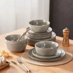 12-Piece Brown Stoneware Dinnerware Set Service For 4-Bowls And Plates Set Dinner Plates Dessert Plates And Cereal Bowls -Vancasso Shop brown vancasso dinnerware sets vc anya bn 12 d4 1000