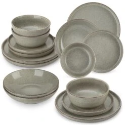 16-Piece Brown Stoneware Dinnerware Set Service For 4 Bowls And Plates Set Dinner, Dessert Plates Pasta And Cereal Bowls