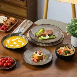 16-Piece Brown Stoneware Dinnerware Set (Service Set For 4) Bowls And Plates Dinner Set 27 16-Piece Brown Stoneware Dinnerware Set (Service Set For 4) Bowls And Plates Dinner Set -Vancasso Shop brown vancasso dinnerware sets vc bubble bn 16t 76 1000