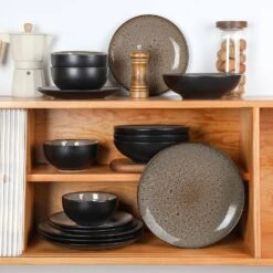 16-Piece Brown Stoneware Dinnerware Set (Service Set For 4) Bowls And Plates Dinner Set 21 16-Piece Brown Stoneware Dinnerware Set (Service Set For 4) Bowls And Plates Dinner Set -Vancasso Shop brown vancasso dinnerware sets vc bubble bn 16t 77 1000