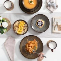 16-Piece Brown Stoneware Dinnerware Set Service For 4 Tableware Set With Plates Bowls And Mugs 25 16-Piece Brown Stoneware Dinnerware Set Service For 4 Tableware Set With Plates Bowls And Mugs -Vancasso Shop brown vancasso dinnerware sets vc bubble bn sl 31 1000