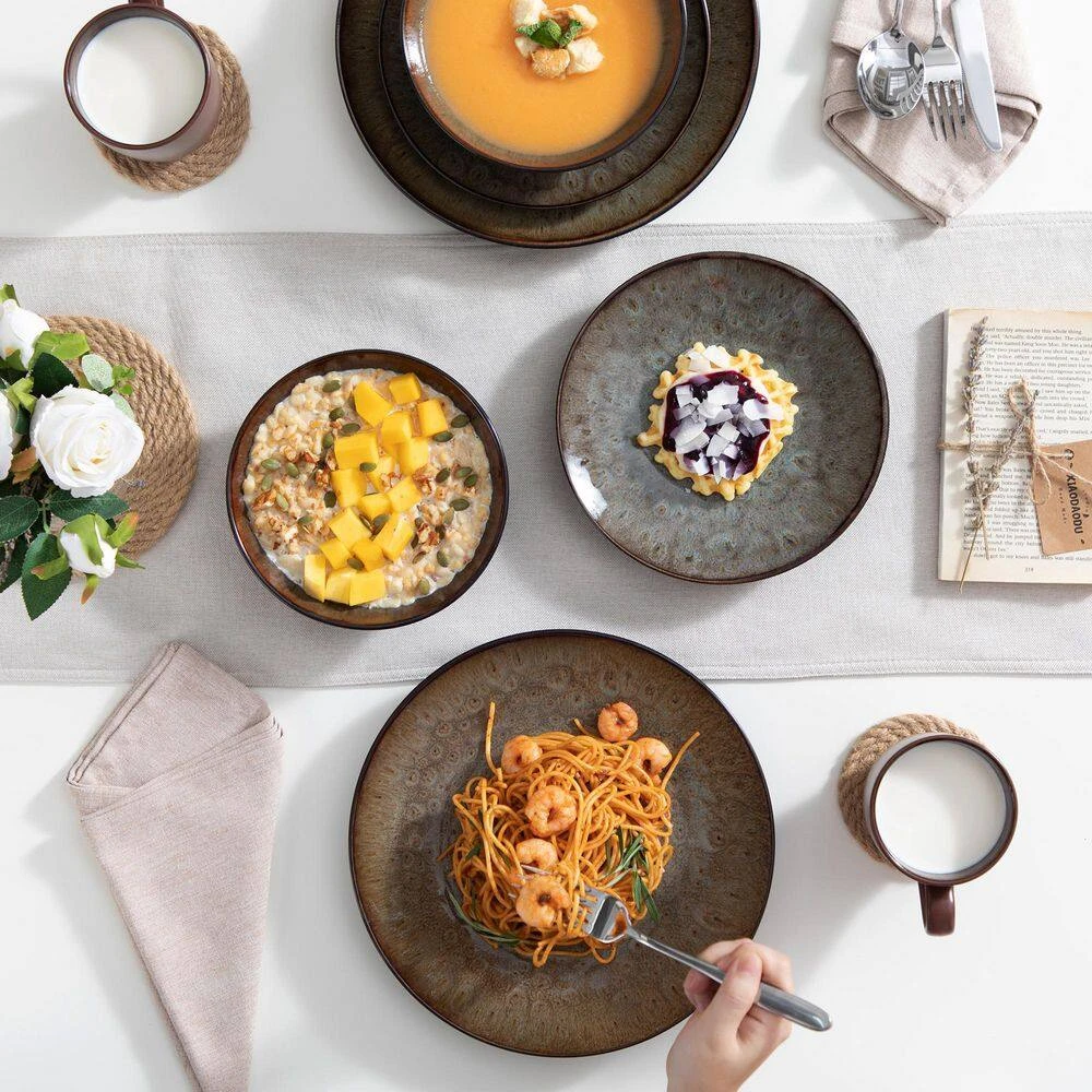 16-Piece Brown Stoneware Dinnerware Set Service For 4 Tableware Set With Plates Bowls And Mugs 14 16-Piece Brown Stoneware Dinnerware Set Service For 4 Tableware Set With Plates Bowls And Mugs - Image 12