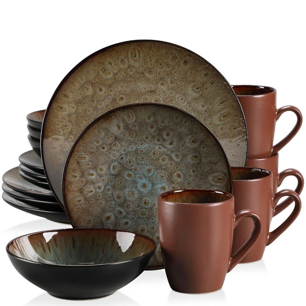 16-Piece Brown Stoneware Dinnerware Set Service For 4 Tableware Set With Plates Bowls And Mugs 3 16-Piece Brown Stoneware Dinnerware Set Service For 4 Tableware Set With Plates Bowls And Mugs