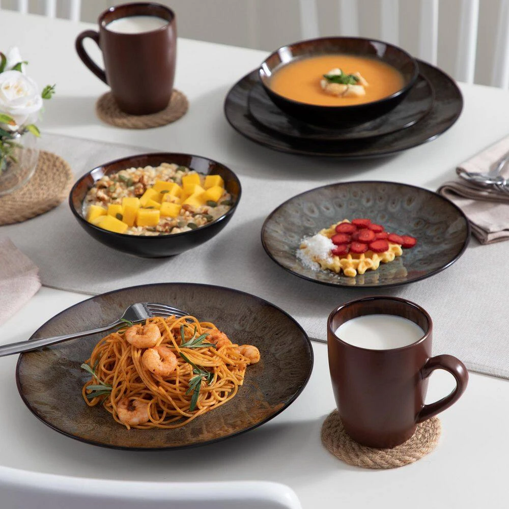 16-Piece Brown Stoneware Dinnerware Set Service For 4 Tableware Set With Plates Bowls And Mugs 12 16-Piece Brown Stoneware Dinnerware Set Service For 4 Tableware Set With Plates Bowls And Mugs - Image 10