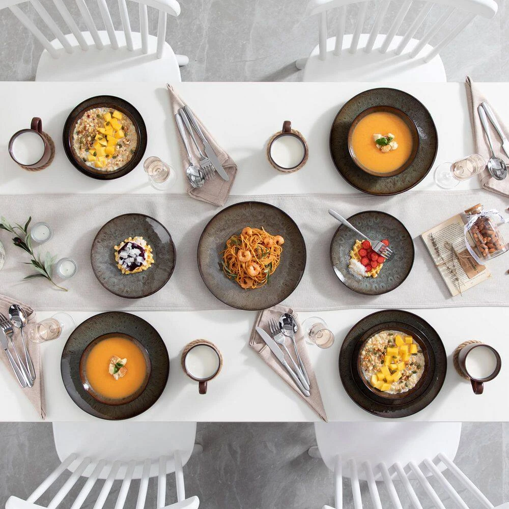 16-Piece Brown Stoneware Dinnerware Set Service For 4 Tableware Set With Plates Bowls And Mugs 4 16-Piece Brown Stoneware Dinnerware Set Service For 4 Tableware Set With Plates Bowls And Mugs - Image 2