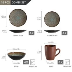 16-Piece Brown Stoneware Dinnerware Set Service For 4 Tableware Set With Plates Bowls And Mugs 18 16-Piece Brown Stoneware Dinnerware Set Service For 4 Tableware Set With Plates Bowls And Mugs -Vancasso Shop brown vancasso dinnerware sets vc bubble bn sl c3 1000