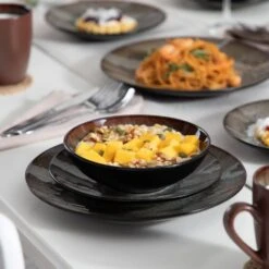 16-Piece Brown Stoneware Dinnerware Set Service For 4 Tableware Set With Plates Bowls And Mugs 24 16-Piece Brown Stoneware Dinnerware Set Service For 4 Tableware Set With Plates Bowls And Mugs -Vancasso Shop brown vancasso dinnerware sets vc bubble bn sl d4 1000