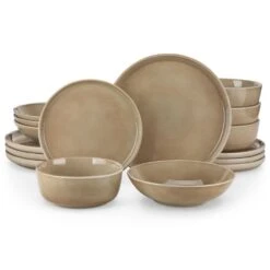 16-Piece Brown Stoneware Dinnerware Set Service For 4 Tableware Bowls And Plates Dining Set Dishware Set