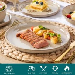 16-Piece Brown Stoneware Dinnerware Set Service For 4-Dishware Dishes Set With Plates And Bowls For Kitchen Dining -Vancasso Shop brown vancasso dinnerware sets vc playa smbn 16 44 1000